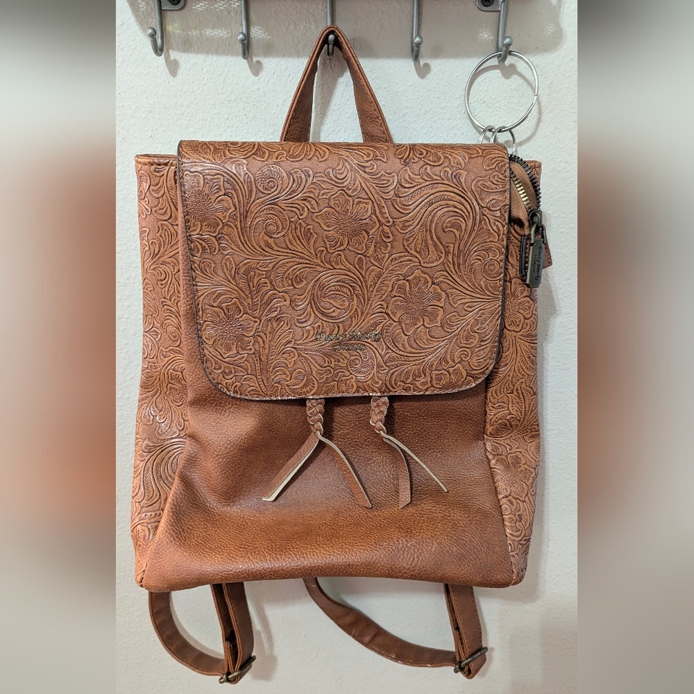 Darcy Marks Faux Leather Backpack W/ Embossed Floral Pattern & Brass Accents